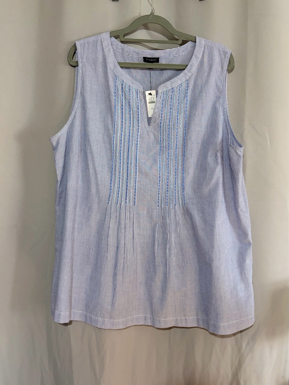 Talbots Light Blue Striped Pintuck Embroidered Sleeveless Top
